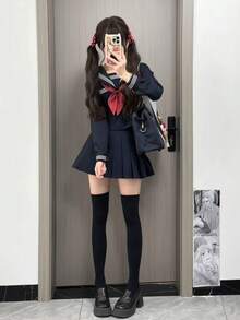 2026 年新作 オリジナル日系 JK セーラー服 三本ライン関西襟 校供感 水玉リボン付き 上下 2 点セット レディース  キュート  カジュアル  パーティー    タッセル - 紺色の長袖トップス+赤いネクタイ+紺色のスカート - チェックする 10