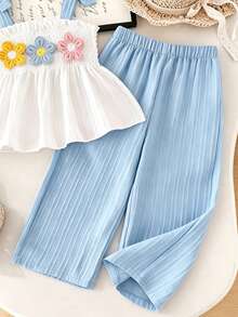 2pcs/Set Young Girls' Summer Camisole Top And Wide Leg Pants Set, 3D Crochet Sunflower Camisole + Blue Textured Wide Leg Pants With Shirred Waist, 2pcs Bow Strap Breathable Textured Fabric Pants Suit, Sweet Vacation Outfit - Blue - View 5