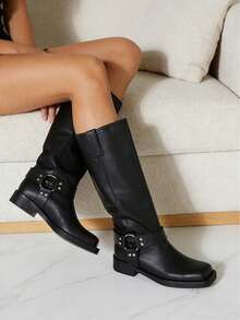 Women's Knee High Boots Slip On Riding Boots, Buckle Boots For Women, Sexy Squared Toe Low Chunky Heel Tall Motorcycle Boots Dance Party Booties - Black - View 5