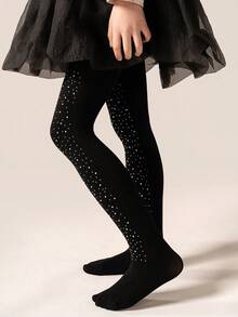 1pc Girls' Rhinestone Embellished Solid Color Tights, Suitable For All Seasons - Multicolor - View 2