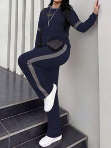 Women's Spring/Autumn New Comfortable Loose Contrast Stripe Printed Round Neck Long Sleeve T-Shirt And Elastic Waist Loose Pants 2-Piece Set, Suitable For Casual Commuting - Royal Blue 66 - View 6