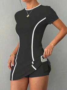 Dewbera Vestido deportivo blanco de manga corta y ajuste delgado para mujer con pantalones cortos y bolsillo para teléfono, para entrenamiento de tenis y actividades al aire libre - Gris Oscuro - Ver 6