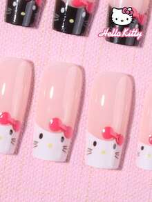 SANRIO Bộ 24 miếng dán móng tay vuông cỡ vừa Hello Kitty 3D đen trắng kiểu Pháp, có hình Hello Kitty, trái tim và nơ, màu hồng nữ tính, phù hợp với bộ móng acrylic, bao gồm 1 lọ keo gel và 1 dũa móng, dùng cho sinh hoạt hàng ngày và dự tiệc của các bé gái. - Nhiều màu - Xem 3