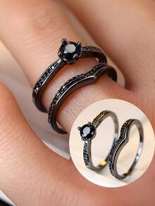 1 set Anneaux de couple Princesse sombre et Chevalier, Anneaux en zirconium noir, Cadeau de couple cérémonial - anneau - Voir 4