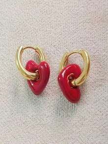 Classic Retro Detachable Heart Earrings For Women, Stainless Steel Non-Fading Fashionable & Simple Heart-Shaped Pendant, Color-Block Ear Clips Jewelry Valentines,Mom,Mother,Mother's Day,Gift - 均碼 - 查看 10
