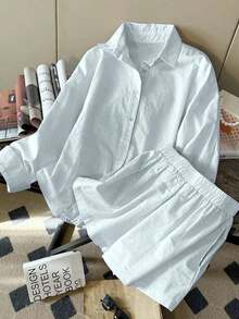 conjunto de 2 piezas de pantalón corto y blusa de manga larga de lino informal y holgado de moda minimalista para mujer - Azul 2 - Ver 5
