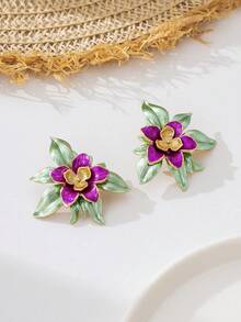 1 Pair Women's Metal Gold Multilayer Floral Stud Earrings, Hand-Painted Colorful Flower Earrings. Visually Layered Floral Button Earrings - Hot Pink - View 3