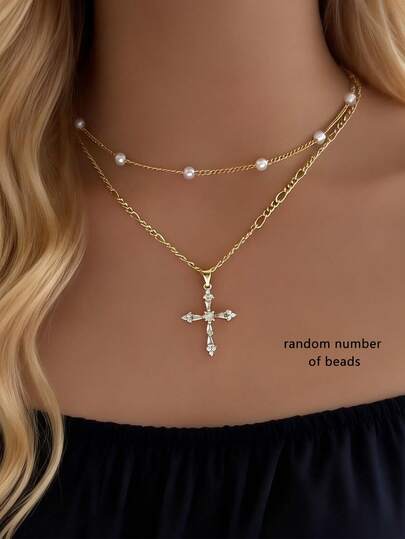 2pcs Set Cubic Zirconia Cross Pendant Necklace, Faux Pearl Chain Double Layer Necklace, Suitable For Women Daily, Date, Music Festival, Party, Layering