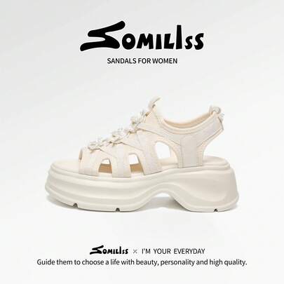 somiliss Dép xăng đan thể thao mùa hè mới dành cho nữ, đế cao 6cm, dép đi biển đế bằng nhẹ, mềm mại, thoải mái, màu trắng sữa.