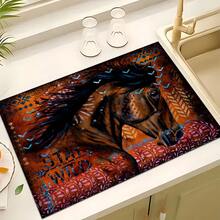 1pc Home Decor, Horse Retro Pattern Printed Absorbent Dish Drying Mat, Espresso Machine Countertop Absorbent Mat, Sink Drain Mat, Soft Faucet Absorbent Mat, Sink Cup Mat, Kitchen & Bathroom Accessories - MultiWarna - View 2