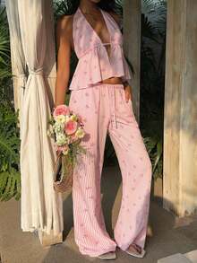 2 piezas Conjunto casual de vacaciones para mujer con top halter sin espalda y pantalones en color caqui tejido - Multicolor - Ver 4