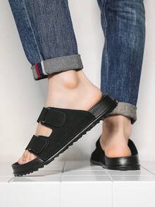 Unisex Luxury Soft Sole Mule Slippers, Retro Hook And Loop Casual Beach Slides - Black - View 8