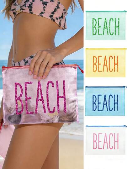 Multi-Color Waterproof Fashion Mesh Fabric Beach Bag, Make Up Bag With Color Shiny"Beach"Printing, Beach Theme,Pool Bag, Toiletry Bag, Large Capacity Transparent Cosmetic Bag, Toiletry Bag With Zipper - Lightweight, Storing Sunscreen, Snacks, Bikinis, And Beach Essentials. Spring And Summer Storage