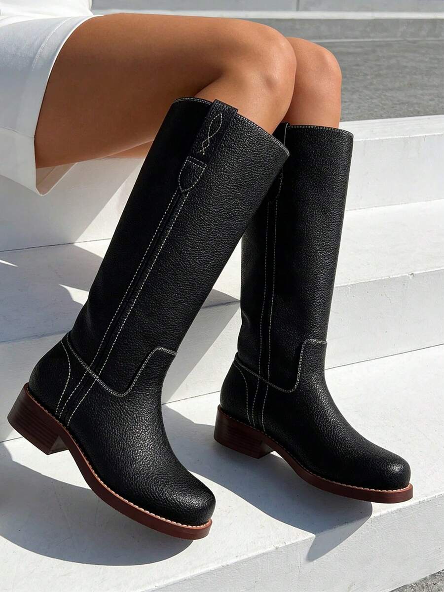 Botas vaqueras de tacón bajo apilado con puntera cuadrada, de estilo vintage inspirado en el campus, de rodilla alta, de moda para mujeres - Negro - Ver 1