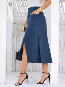 Women's Casual Elegant Suede Midi Skirt With Pockets, Front Slit, And Back Zipper - Sizes S, M, L, XL - 藏蓝色 - 查看 4