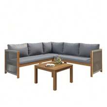 Garden Furniture Set, Corner Sofa + Coffee Table, Acacia Wood Frame, Acacia Wood Tabletop, Braided Rope Craftsmanship, Suitable For Garden, Grey Color. - Grey - View 1