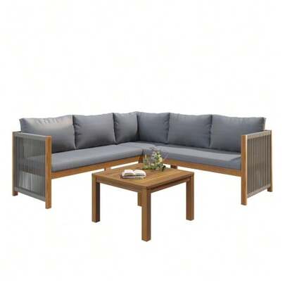 Garden Furniture Set, Corner Sofa + Coffee Table, Acacia Wood Frame, Acacia Wood Tabletop, Braided Rope Craftsmanship, Suitable For Garden, Grey Color.