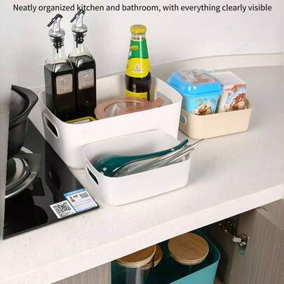 4 Pcs Plastic Storage Baskets, Desktop Organizer Boxes For Cosmetics, Makeup, Snacks, Documents & Miscellaneous Items, Vanity & Refrigerator Storage Containers