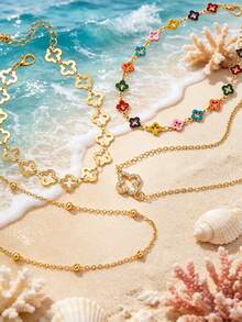 4pcs Minimalist Vintage Elegant Hollow Rhinestone Inlaid Four-Leaf Clover Anklet, Suitable For Beach, Party, Banquet And Daily Wear - Multicolor - View 4