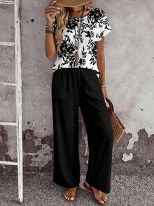 2pcs/Set Women Casual Floral Print Round Neck Top And Loose Pants, Versatile Outfit Suitable For Spring And Autumn,Casual Women Vacation Outfit Sets Summer Pants Sets For Women 2 Piece Casual Sets Woman - 多色 10 - 查看 8