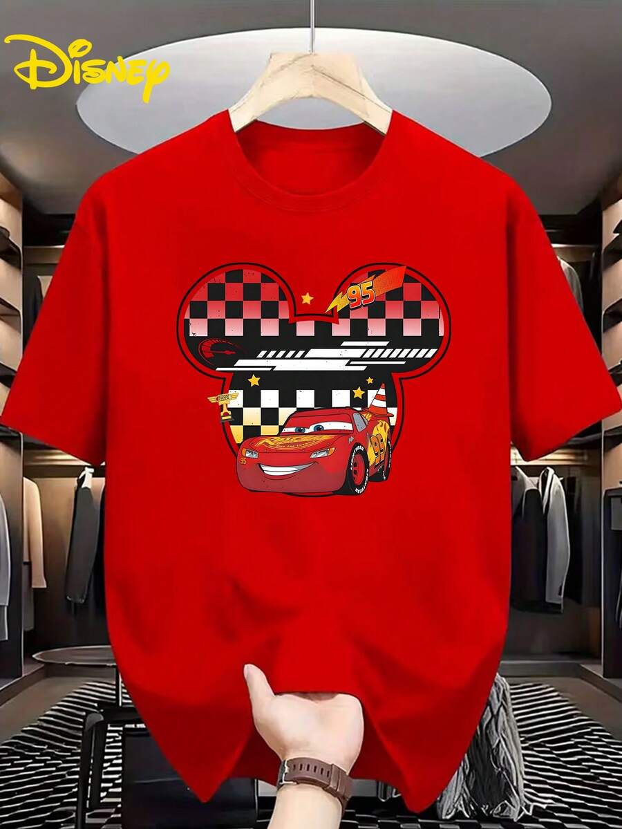 Disney Authorized 1 Piece, Disney Racing Story Lightning McQueen No.95 Car Mickey Head Plaid Print T-Shirt American Retro Casual Loose Short-Sleeved Shirt For Men And Women, A Gift From Disney Fans. - 紅色 - 查看 1