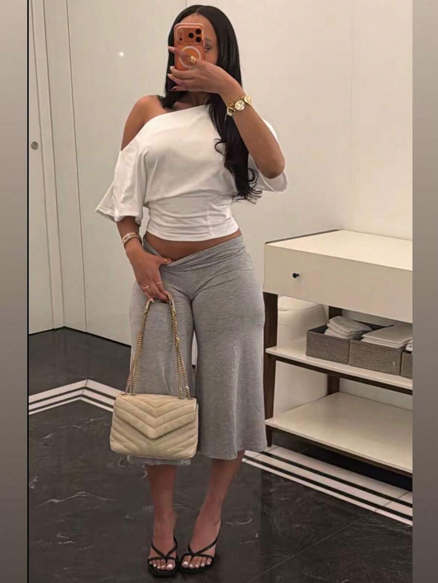Pantaloni a vita alta a gamba ampia, Pantaloni a vita bassa elasticizzati e ampi, Pantaloni sportivi eleganti da pendolare a vita larga e slim fit in colore unito per le donne - Grigio - Visualizzare 1