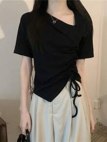 Women's Summer Solid Color Asymmetric Neck Side Drawstring Short Sleeve Casual T-Shirt Black - Black - View 7