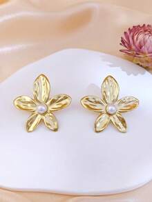 Pendientes de flor grande de perla elegante, pendientes de perla falsa para mujer, conjunto de pendientes de flor geométrica de perla falsa de oro de estilo bohemio grande y elegante, adecuado para fiesta, vacaciones, boda, uso diario, festival de música, vacaciones en la playa. Ideal para el Día de San Valentín, cumpleaños, Día de la Madre - Dorado - Ver 4