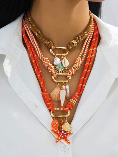 1pc Fashionable & Elegant Bohemian Style Ocean Life Jewelry Accessory Necklace, Suitable For Daily Wear, Festivals, Parties And Beach Vacation