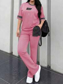 2pcs Women's Spring/Autumn Round Neck Short Sleeve T-Shirt And Elastic Waist Loose Pants Set, Casual Daily Wear Summer - 粉紅色 231 - 查看 6