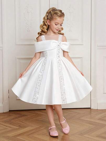 Young Girls' Round Neck Solid Color Lace Sequin Satin Elegant Birthday Party Princess Dress, Suitable For Hosting Evening Parties, Graduation Balls, Banquets, Does Not Include Headband
