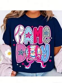 Women's Colorful Game Day Print T-Shirt - Fun, Festive Casual Tee With Unique Lettering Design And Softball Pattern, Perfect For Sporting Events And G - 藏蓝色 - 查看 1