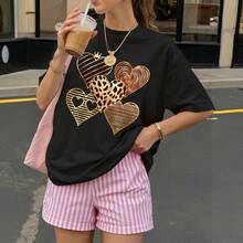 Camiseta Negra con Corazones Dorados Estampados para Mujer Verano Casual - Negro - Ver 3