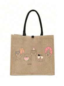 Cat Print Canvas Tote Bag, Suitable For Summer Shopping, Travel Storage, Minimalist Linen Handbag, Suitable For Students, Office Workers, Anniversary, Birthday, Mother's Day And Other Occasions, Large Capacity And Portable - Multicolor - View 13