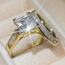 Bộ 2 nhẫn đính hôn cho nữ, 9.7g bạc sterling 925, kiểu dáng cổ điển 4 chấu, đá zirconia tổng hợp hình vuông, trang sức cầu hôn thanh lịch cho cô dâu. - Vàng - Xem 16