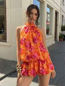 Vestido de verano holgado para mujer con cuello alto, sin mangas y dobladillo con volantes - Naranja 2 - Ver 2