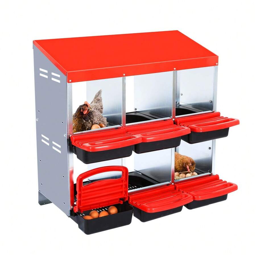 Techigher Heavy Duty Chicken Nesting Box, Automatic Roll-Away Egg Collection System, Galvanized Steel Hen Laying Box - Red, 6 Holes Wihout Legs - View 1