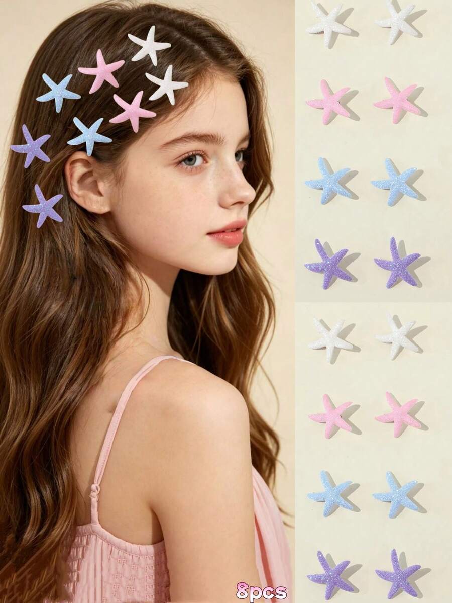 Set de 8 pinzas de estrella de mar de colores para el cabello de niñas, estilo vacacional - Multicolor - Ver 1