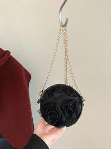 Fashionable 3D Lace Flower Round Handbag, Cute Unique Multi-Purpose Chain Shoulder/Crossbody Bag - Black - View 8
