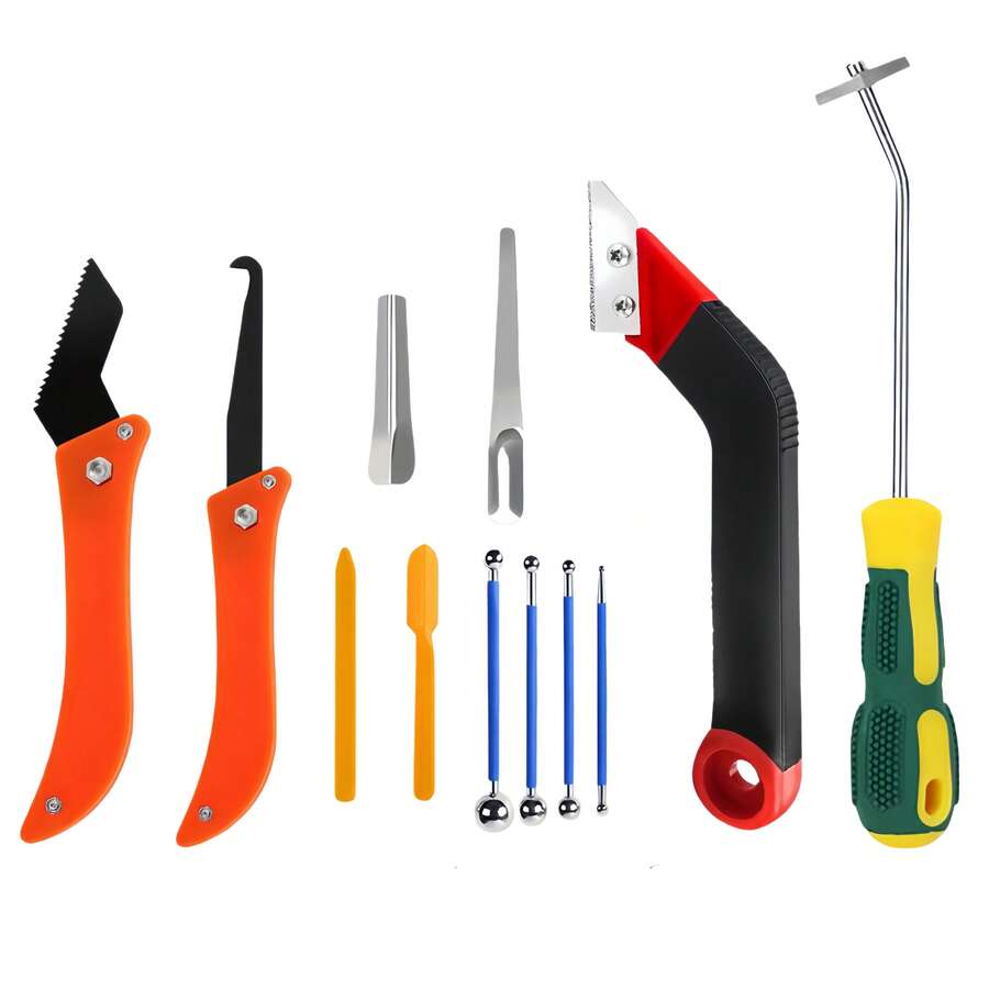 瓷砖填缝工具套装 - 包括填缝剂去除器、填缝剂刮刀、抹平工具、边缘修整器、玻璃清洁剂、硅胶密封剂去除器。多功能工具，适用于浴室、厨房、地板、窗户、水槽框架密封，硅胶刮刀，密封剂抹平工具。