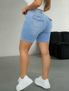 Comfortable Casual Slim Fit Mid-Waist Denim Shorts, Plus Size Design With Pockets, Distressed Wash, Suitable For Spring/Summer - Light Wash - View 6
