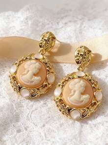 1 Paar Vintage Kamee Hängeohrringe für Frauen - Damenprofil Relief & Opalakzente, romantischer Statement-Schmuck für Hochzeit & Abendgarderobe - Gold - Übersicht 3