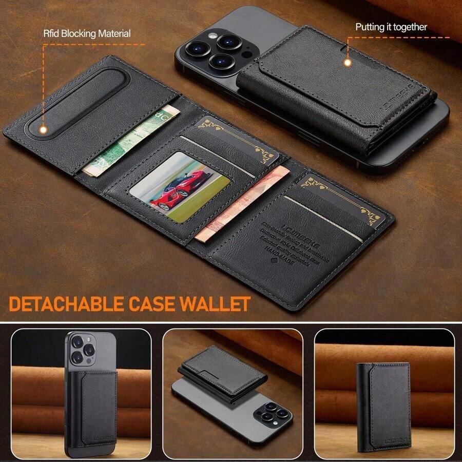 LC.IMEEKE 1pc PU Leather Magnetic Wallet Stand MagSafe Accessory, Compatible With IPhone 17 16/15/14/13/12 Pro/Pro Max/Plus/Mini, Men's Gift, Card Holder, Wallet, Name Card Case, Credit Card Holder - 黑色 3 - 查看 1