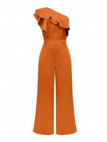 Mono informal de verano para mujer de unicolor, sin mangas y con volantes - Naranja Quemada - Ver 3