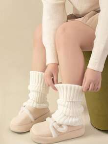 1 Pair Women Solid Color Vertical Striped Warm Decorative Cute Leg Warmers, Suitable For Spring, Autumn And Winter Christmas Gift - White - View 11