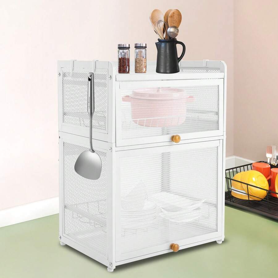 RibasuBB 3-Tier Tabletop Dish Drying Rack With Magnetic Flip Front, Mesh Sides, Pull-Out Drip Tray, Carbon Steel Frame, Large Capacity, Plate Grooves, Side Hooks, Adjustable Feet White - trắng - Xem 1