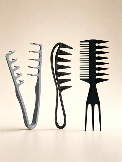 A Set Of 3 Boy's Salon Hair Styling Combs, 3 Sets Including A Wide-Tooth Comb For Creating Textured Hairstyles, A Comb For Oily Hair, A Styling Comb For Voluminous Looks, And A Set Of Plastic Root-Lifting Combs.