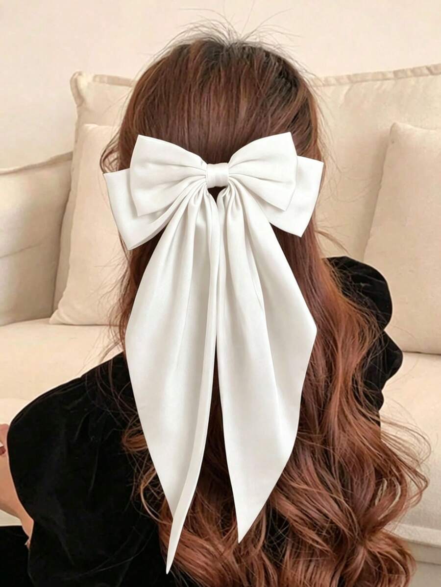 1 pièce Grand clip à cheveux de couleur unie à longue queue, clip à cheveux en satin blanc pour femmes, accessoire de cheveux élégant et mignon - Blanc - Voir 1