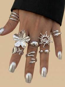 8pcs/Set Silver-Plated Bohemian Sunflower, Flower, Shell, Starfish Stackable Rings Set, Suitable For Vacation, Adult Gift - Silver - View 2
