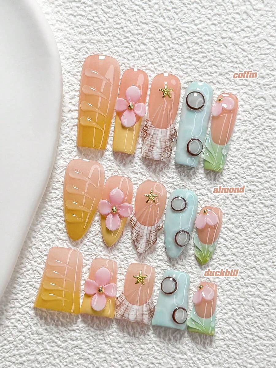 10片海洋童話手工穿戴甲，Polygel美甲套組，海星裝飾，手工花卉，藍色、黃色、綠色、粉色指甲油，清新風格，附美甲工具，3種尺寸可選，杏仁形、鴨嘴形、棺材形，適合派對、舞會、日常配戴 - 彩色 - 查看 1